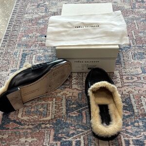 Freda Salvador Temi Black Leather Fur-Trim Slip-On Loafers. Worn only once.